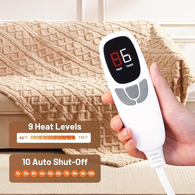 Heated Blanket Electric Twin Size - 62"x84" Electric Blanket with 9 Heat Levels and 1-10 Hours Timer, Soft Jacquard Fleece & Sherpa Washable, Great Gift Idea - Beige