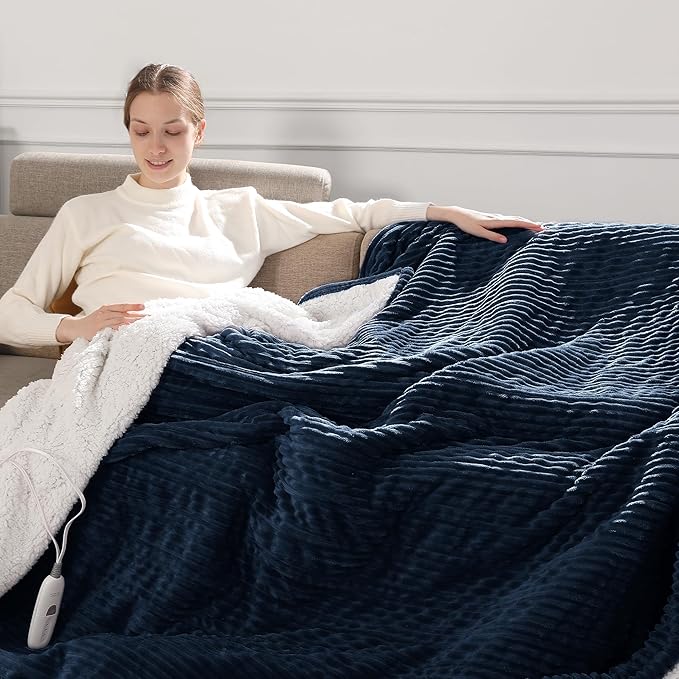 Electric Throw Heated Throw 50''x60'', Striped Flannel & Thicker Sherpa, 5 Heat Settings & 4 Hour Auto Off with FCC/ETL Certified, Overheat Protection & Machine Washable, Great Gift, Navy Blue