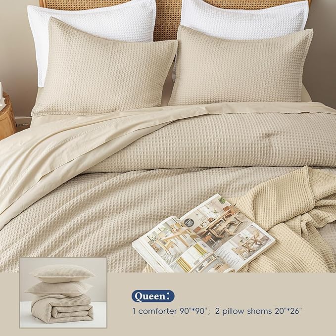 David's Home Waffle Weave Comforter Set 3PCS Queen Size, Soft Breathable Lightweight Cozy Skin-Friendly Warm for All Season, Elegant Aesthetic Home Decor Bedding Set with Pillow Shams, Linen