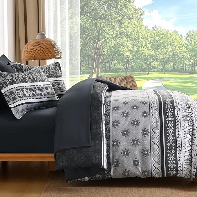 Comforter Set King Size Boho,7 Pieces Bohemian Bedding Comforter Set Striped Bed in a Bag,Dark Grey Paisley Floral Comfortet and Sheet Set,Soft Black Gray Bedding Sets for All Season