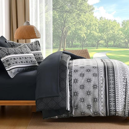Comforter Set King Size Boho,7 Pieces Bohemian Bedding Comforter Set Striped Bed in a Bag,Dark Grey Paisley Floral Comfortet and Sheet Set,Soft Black Gray Bedding Sets for All Season