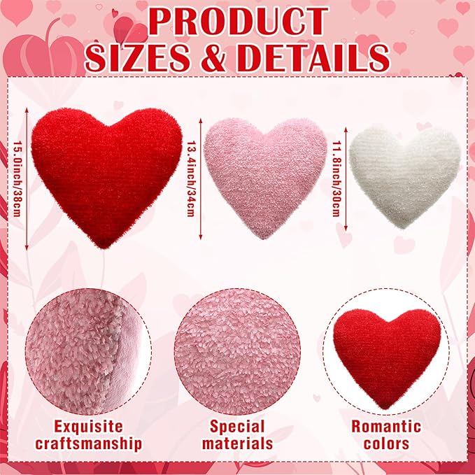 Bucherry 3 Pcs Valentine's Day Heart Throw Pillows, Red White Pink Heart Pillow Soft Decorative Back Cushion for Girls Women Bed Sofa Valentines Wedding Gifts Home Decor(Plush,Without Ruffed)