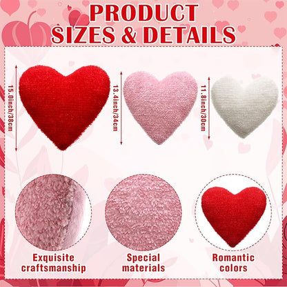 Bucherry 3 Pcs Valentine's Day Heart Throw Pillows, Red White Pink Heart Pillow Soft Decorative Back Cushion for Girls Women Bed Sofa Valentines Wedding Gifts Home Decor(Plush,Without Ruffed)