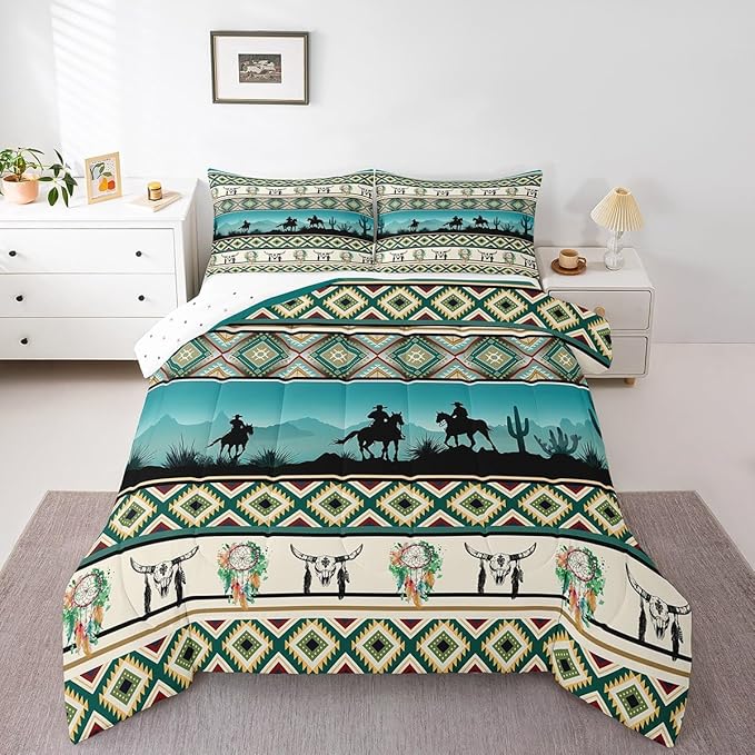 Horse Decor Western Comforter Set Queen,Farm Animals Quilt Indian Tribal Geometric Aztec Bedding Sets,Exotic Dream Catchers Feather Duvet Insert Farmhouse Western Decor,Green