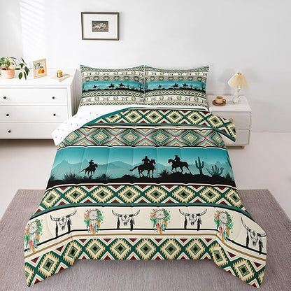 Horse Decor Western Comforter Set Queen,Farm Animals Quilt Indian Tribal Geometric Aztec Bedding Sets,Exotic Dream Catchers Feather Duvet Insert Farmhouse Western Decor,Green