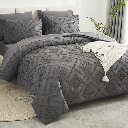 EMME King Comforter Set - 7 Pcs Dark Grey Boho Bedding Sets, King Size Tufted Comforter with Sheets, Shabby Chic Embroidery Bed Set Fluffy Bed Bag for All Season(102"X90")