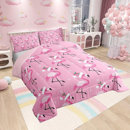 Merry Christmas Pink Bed Comforter Set Queen Size,Red Birds Wild Animal Super Soft Microfiber Bedding Set for Adults Teens,Flamingo Comforter Set,2 Pillowcases