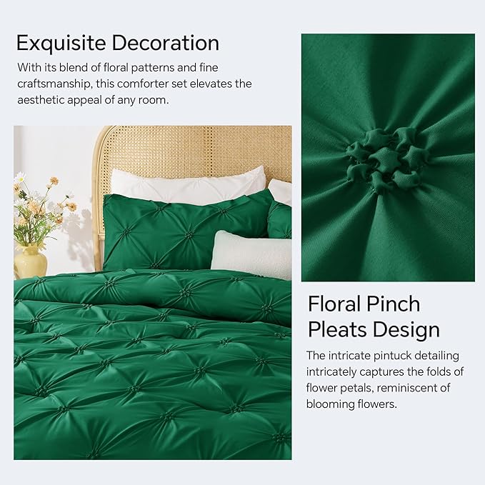 BEDELITE Forest Green Queen Comforter Set - 3 Pieces Boho Pintuck Bedding Comforter Sets, Lightweight Soft & Warm Bed Comforter Queen with 2 Pillowcases for All Season