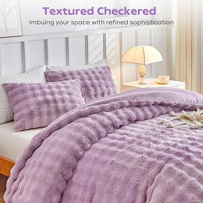 Tokokimo Faux Fur Comforter Set King Size, Ultra Soft Reversible Heavyweight Fluffy Bedding, Extra Warm Winter Comforter with 2 Pillow Cases, All Season Fuzzy Comforter Set, Purple