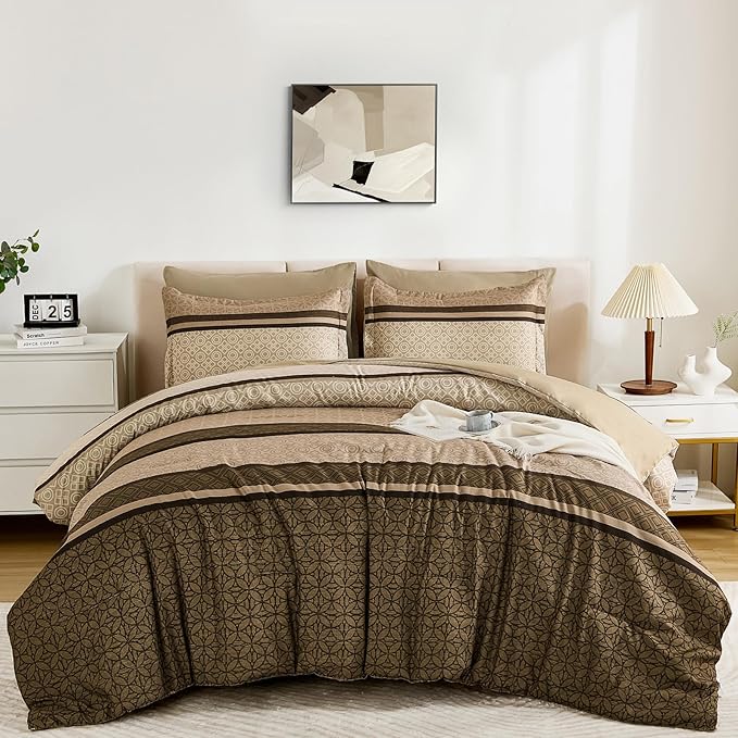 WONGS BEDDING 7 Pieces Comforter Set Queen Size, Brown Striped Bed in a Bag Comforter and Sheet Set, Minimalist Geometric Soft Lightweight Micorfiber Bedding Set for All Season (90"×90")