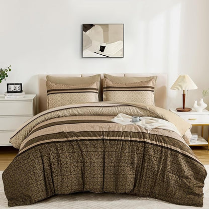 WONGS BEDDING 7 Pieces Comforter Set Queen Size, Brown Striped Bed in a Bag Comforter and Sheet Set, Minimalist Geometric Soft Lightweight Micorfiber Bedding Set for All Season (90"×90")