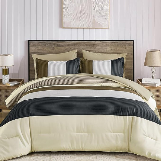 Anibedding 7 Pieces Striped King Size Comforter Set, Brown Black Soft Microfiber Down Alternative Farmhouse Bedding All Season with Comforter, Pillow Shams, Flat Sheet, Fitted Sheet and Pillowcases
