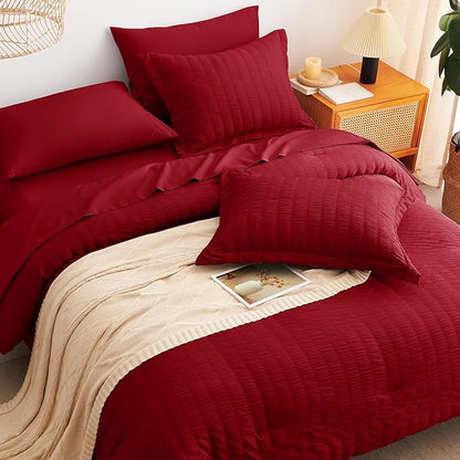 CozyLux Queen Comforter Set Dark Red Seersucker 7 Pieces Bed in a Bag Queen Comforter Set with Sheets, Luxury Soft Bedding Set with Down Alternative Comforter, Sheets, Pillowcases & Shams All Seasons