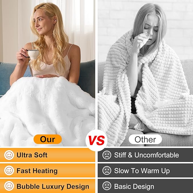 IUUI Electric Heated Blanket Queen 84''x90'',Luxury Faux Rabbit Fur Heating Throw Blankets,Fast Heating with 1/2/4/6/8/10 Hours,Overheat Protection, Quick Heating, Memory Function, Gift-Ready Design
