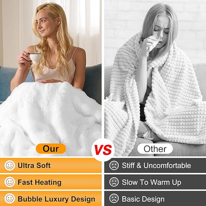 IUUI Electric Heated Blanket Queen 84''x90'',Luxury Faux Rabbit Fur Heating Throw Blankets,Fast Heating with 1/2/4/6/8/10 Hours,Overheat Protection, Quick Heating, Memory Function, Gift-Ready Design