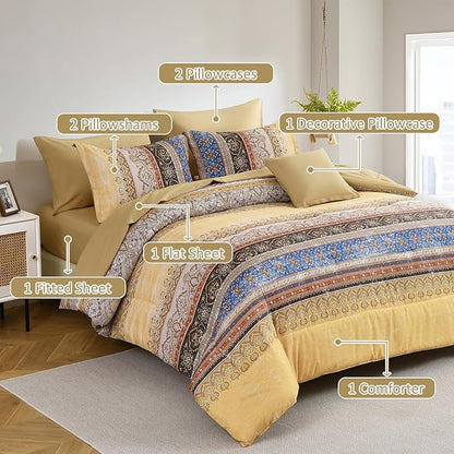 Cottolester Boho King Size Comforter Set 8 Pieces, Yellow Bohemian Striped Bed in a Bag, Paisley Soft Microfiber Bedding Comforter Set