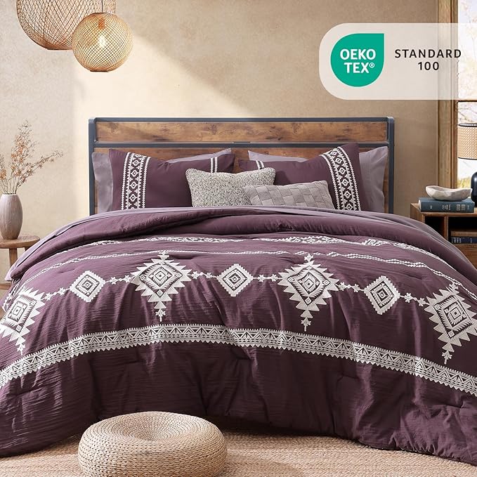 MaiRêve Embroidery King Size Comforter Set Purple, Boho Farmhouse Western Bedding Set 7 Pieces, All Season Bed in A Bag Comforter Set with Sheets, Pillowcases & Shams