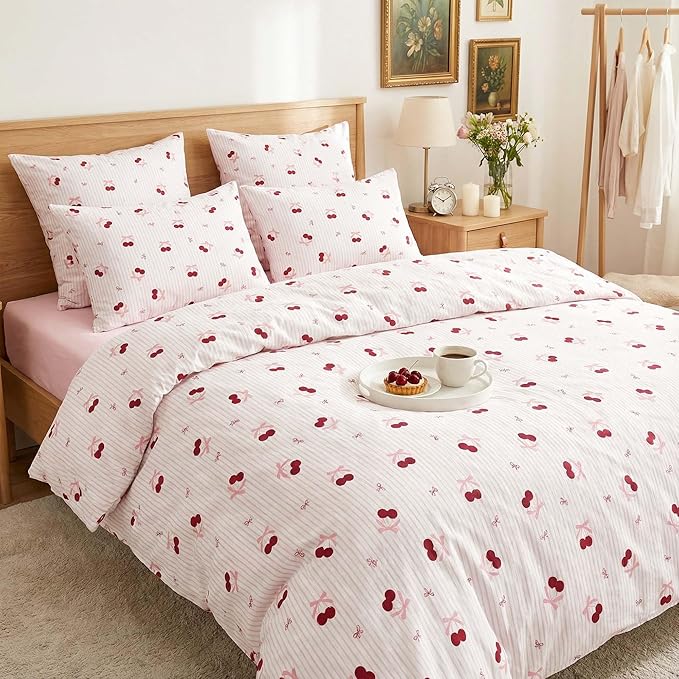 Nayoroom Pink Striped Bow Comforter Set Queen Size Red Cherry Comforter 3 Pieces Soft Lightweight Girls Cute Aesthetic Dorm Bedding Set for All Seasons