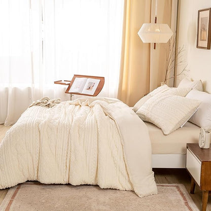 Luxurious Look Warm Plush 3D Jacquard Boho Sherpa Fleece King Comforter Set - Cream Cal/Cal King Reversible Ultra-Soft Bedding Down Alternative Comforter Fluffy Surface for Cozy Autumn Winter