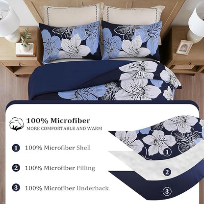 Menghomeus King Size Comforter Set Navy Blue Floral Bedding Comforter Sets - Soft Microfiber Bed Comforter Set for All Season, 3 Piece Botanical Flowers Comforter, Pillowcases