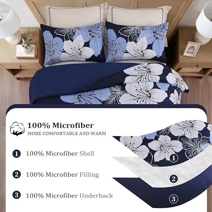 Menghomeus California King Comforter Set Navy Blue Floral Bedding Comforter Sets - Soft Microfiber Bed Set for All Season 3 Piece Botanical Flowers Comforter, Pillowcases