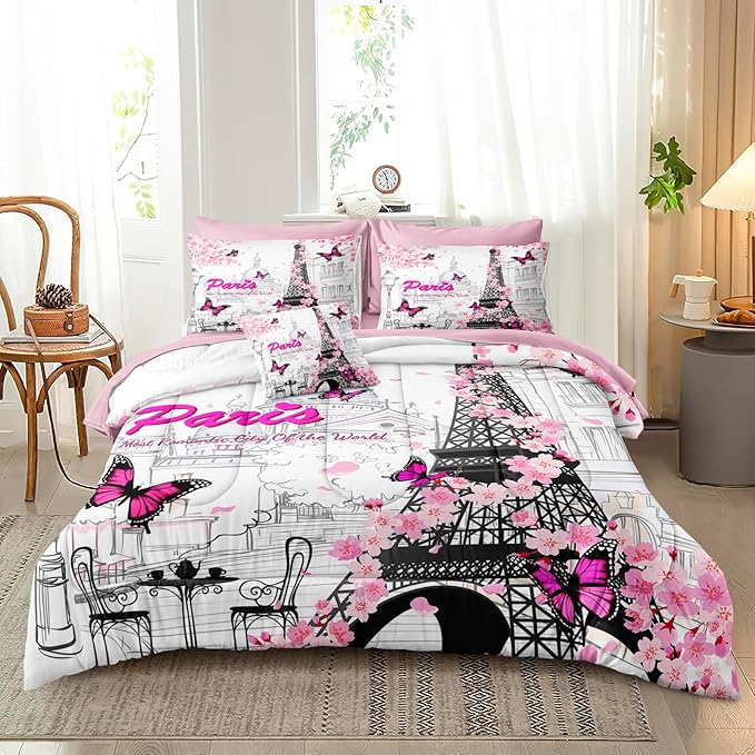Pink Paris Comforter Set Eiffel Tower France Bedding Comforter King Size Bed in a Bag with Pink Sheet Set Cherry Blossom Butterfly Women Girls King Bed Set