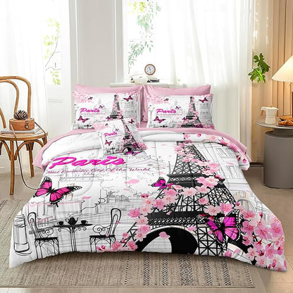 Pink Paris Comforter Set Eiffel Tower France Bedding Comforter King Size Bed in a Bag with Pink Sheet Set Cherry Blossom Butterfly Women Girls King Bed Set