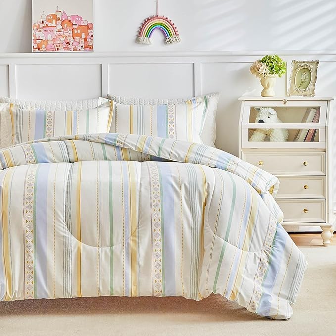 Joyreap 3pcs Cotton Comforter Set Queen, Stripes Boho Blue Yellow Beige Design, Soft Cozy Lightweight Bedding Comforter Set for All Seasons- 88x88 inches