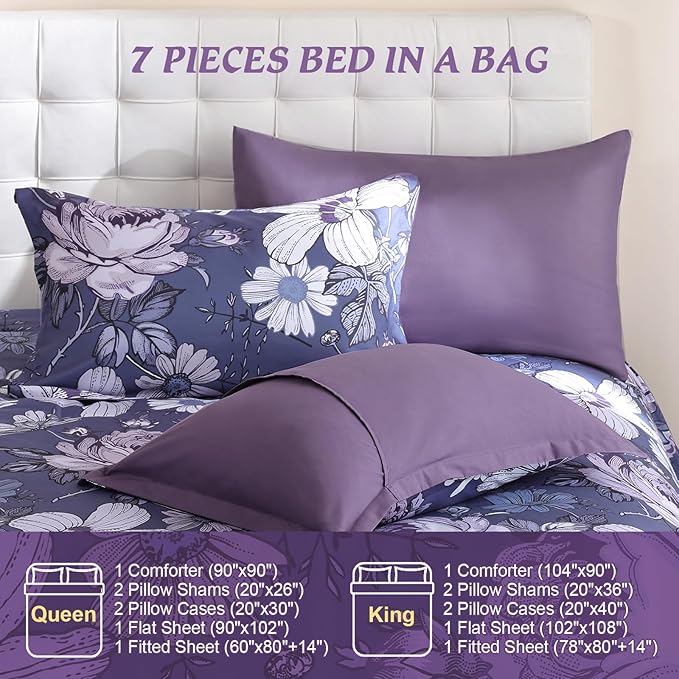 Luxudecor King Comforter Set 7 Pieces Bedding Sets,Grayish Purple Floral Comforter and Sheet Set,Soft Microfiber Bed in a Bag for All Seasons (Grayish Purple,104"x90")