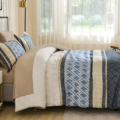 Cottolester Boho Comforter Set King Size,Grey Blue Striped Bed in a Bag,Plaid Comforter and Sheet Set,Soft Microfiber Complete Bedding Sets