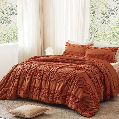 Luxudecor Terracotta Boho Tufted Comforter Set Queen Size 3 Pieces Boho Shabby Chic Comforter Farmhouse Embroidery Bedding Set Soft Comforter for All Seasons (Terracotta, 90''x90'')