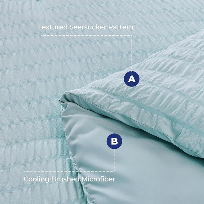 HYMOKEGE Lake Blue California King Comforter Set Seersucker 7 Pieces, All Season Luxury Bed in a Bag for Bedroom, Bedding Set with Comforters, Sheets, Pillowcases & Shams