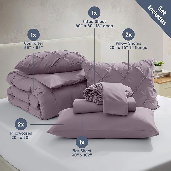 Nestl Queen Comforter Set 7 Piece - Pinch Pleated Comforters Queen Size Dusty Purple, Bed in a Bag Queen All Season, Queen Comforter Sets Bedding with Flat Sheet, Fitted Sheet, Pillowcases and Shams