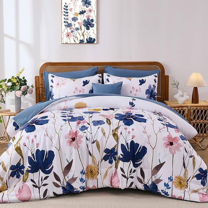 Anibedding Blue Floral Comforter Set King Size, 8 Piece Botanical Flower Bed in a Bag, Reversible Design Comforter, Soft Microfiber Complete Bedding Sets for All Season (Blue,90"x104")