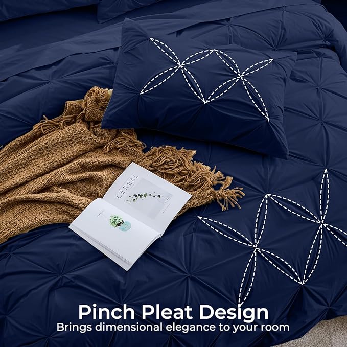 Sasttie California King Comforter Set, 7-Piece Bed in a Bag, Pintuck Bedding Sets for All Season, Includes Comforter, Flat Sheet, Fitted Sheet, Pillowcases and Pillowshams, Navy Blue