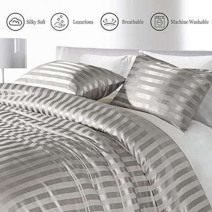Whale Flotilla 3-Piece Reversible Silky Soft King Size Comforter Set, Luxury Stripe Satin Oversized Comforter Bedding Set with 2 Satin Pillowcases, Lightweight Duvet for All Seasons, Grey