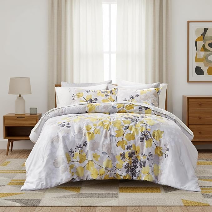 Queen Comforter Set Yellow Bed Set, 9 Pieces Cute Floral Bedding Set Ultra Soft Botanical Flowers Comforter, Sheets, Pillowcases & Shams