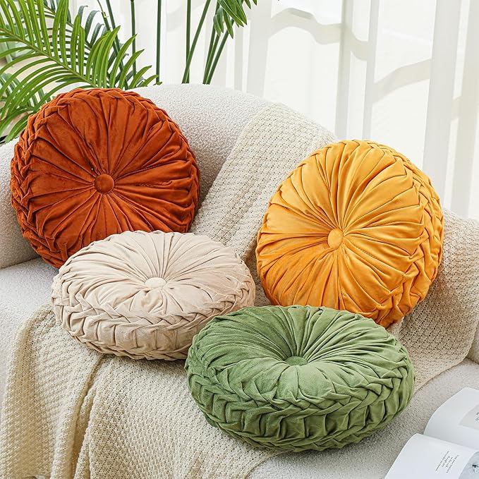 4 Pcs Round Throw Pillows Decorative Velvet Pleated Throw Pillows 15'' Diameter Accent Pumpkin Boho Chair Cushion for Couch Sofa Chair Bed Home Decoration (Fall Color)