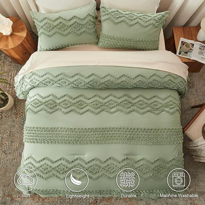 Luxudecor Sage Green Tufted Comforter Set Queen Size 3 Pieces Boho Shabby Chic Comforter Farmhouse Embroidery Bedding Set Soft Comforter for All Seasons (Sage Green, 90''x90'')