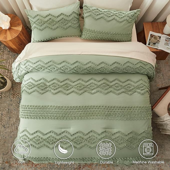 Luxudecor Sage Green Tufted Comforter Set Full Size 3 Pieces Boho Shabby Chic Comforter Farmhouse Embroidery Bedding Set Soft Comforter for All Seasons (Sage Green, 80''x90'')