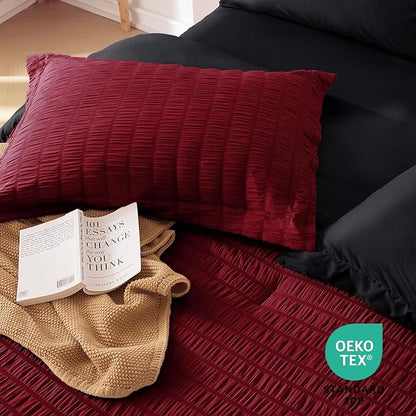 MUXHOMO 7 Pieces King Comforter Set, Seersucker Bed in a Bag King Size, All Season Luxury Bedding Set with Comforter, Flat Sheet, Fitted Sheet, Pillowcases & Shams, Red & Black