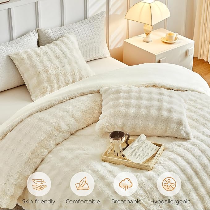 Tokokimo Fluffy Fleece Queen Size Comforter Set, Ultra Soft Reversible Heavyweight Fleece Bedding, Extra Warm Winter Comforter with 2 Pillow Cases, All Season Fuzzy Comforter Set, Beige