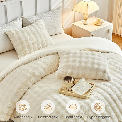 Tokokimo Fluffy Fleece Queen Size Comforter Set, Ultra Soft Reversible Heavyweight Fleece Bedding, Extra Warm Winter Comforter with 2 Pillow Cases, All Season Fuzzy Comforter Set, Beige