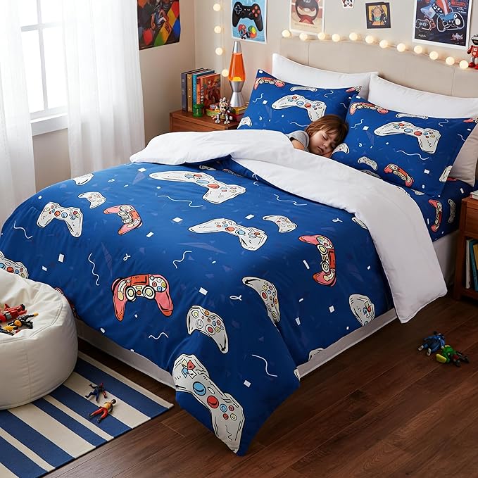 Boys Video Game Comforter Queen Size Dark Blue Gampad Bedding Set for Kids Children Bedroom Decor, 90"x90"