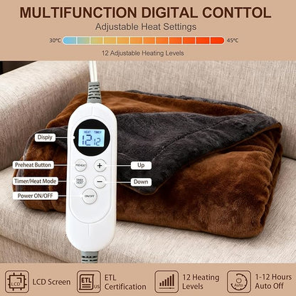 Electric Heated Blanket Throw 50''x60'' – Soft Dual-Sided Flannel, 12 Heat Settings, Smart Timer, ETL & FCC Certified, Machine Washable (Brown & Gray, Single(50"x60"))