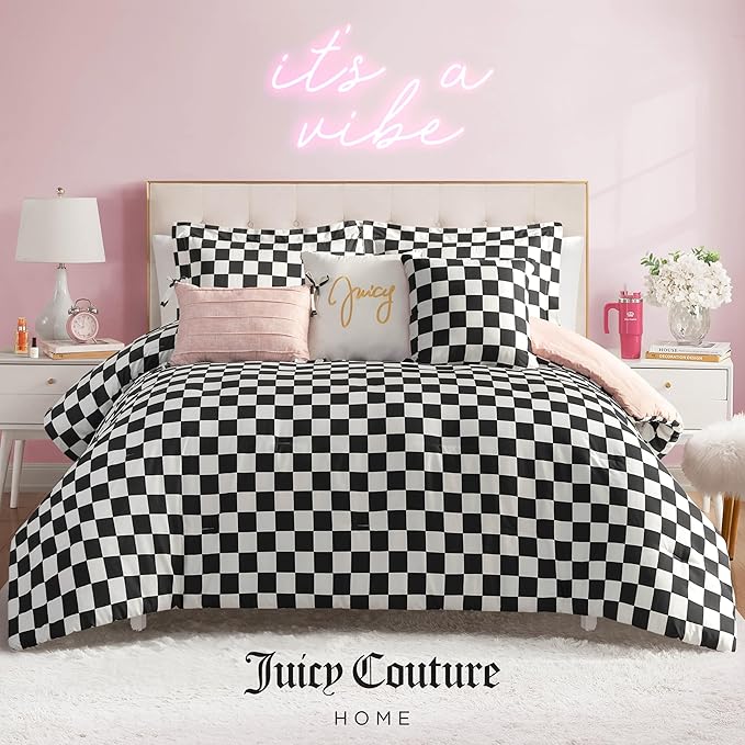 Juicy Couture Reversible Checkerboard Comforter Set 6-Piece King Set, Black/White
