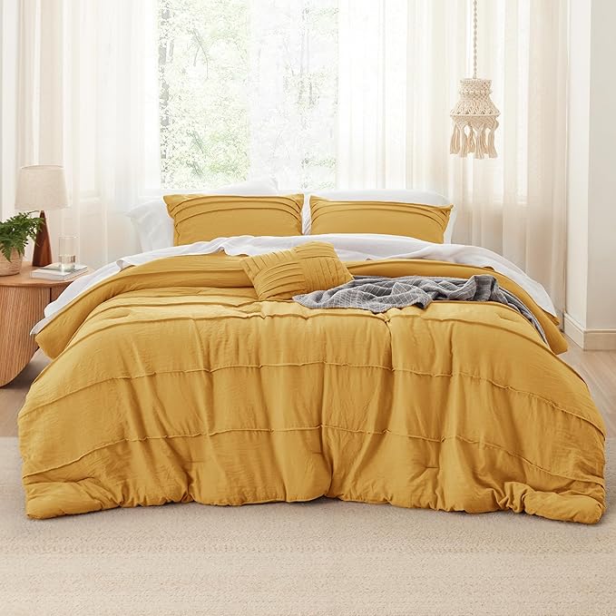 Bedsure King Comforter Set - 4 Pieces Pinch Pleat Bed Set, Mustard Yellow Boho Bedding for All Season, 1 Soft Comforter, 2 Pillowcases, 1 Decorative Pillow