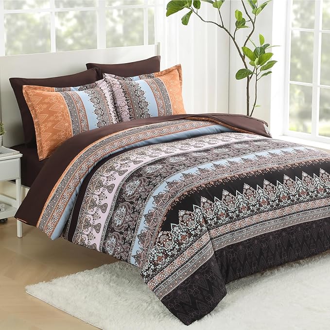 Boho King Size Comforter Set - 7 Pieces Bed in a Bag Bohemian Striped Comforter Set with Sheets, Soft Microfiber Brown Floral Bedding Sets for All Seasons (Brown, King)