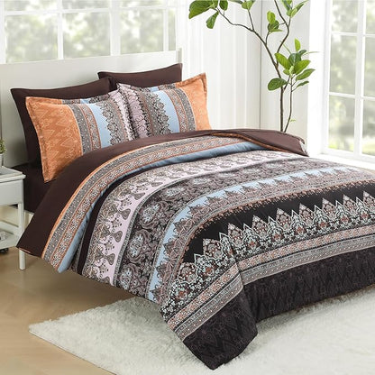 Boho King Size Comforter Set - 7 Pieces Bed in a Bag Bohemian Striped Comforter Set with Sheets, Soft Microfiber Brown Floral Bedding Sets for All Seasons (Brown, King)