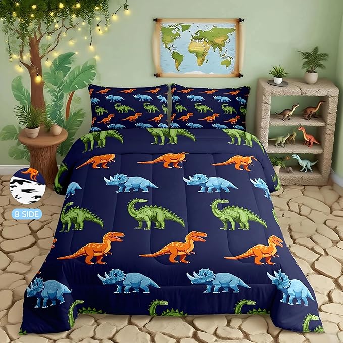 Feelyou Cartoon Dinosaur Bedding Set King, Dark Blue Dinosaur Comforter Set for Kids Dinosaurs Print Comforter Boys Girls Jungle Dino Duvet Set Breathable Bedroom Decor with 2 Pillow Case